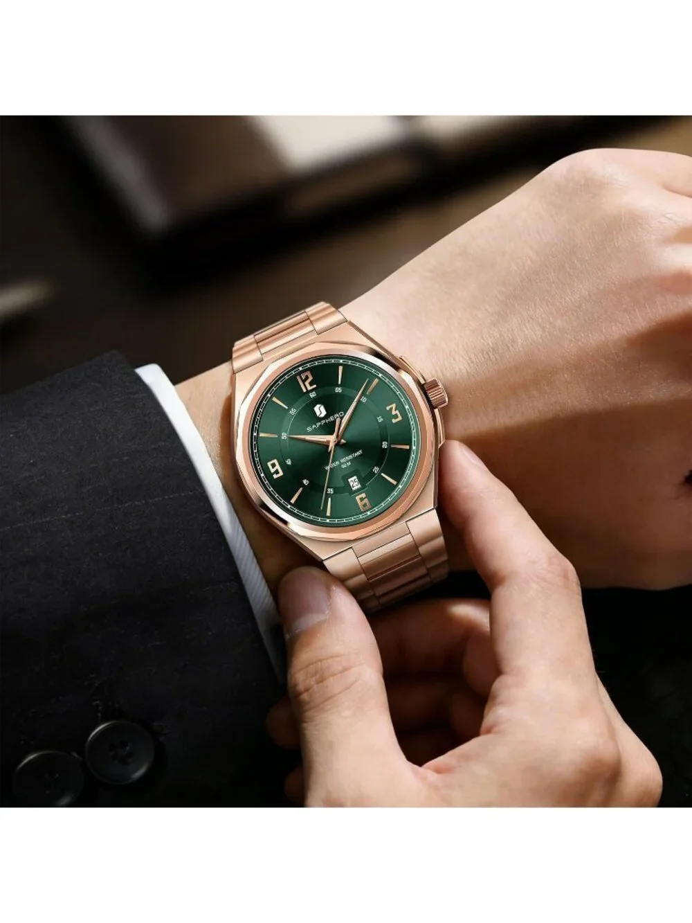 Men's Rose Gold/Green Numeral Dial Stainless Steel Strap Analog Quartz Watch